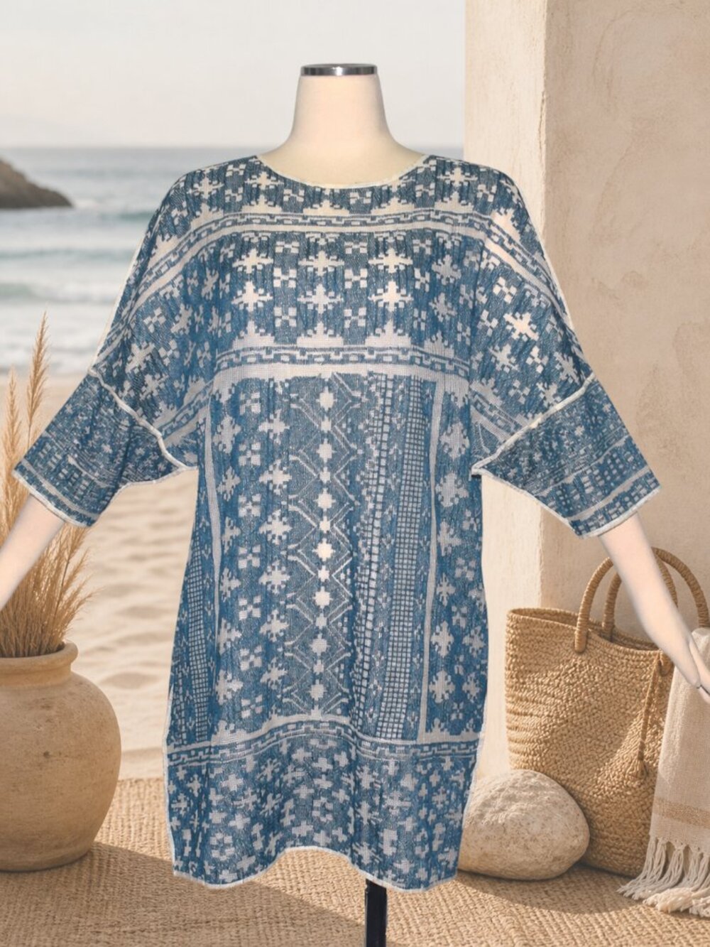 Mikoh Woven Geometric Design Tunic Dress Beach Cotton Pockets 3 L XL